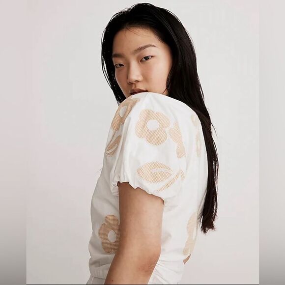 NWT Madewell Embroidered Poplin Puff-Sleeve Cutout Crop Top Eyelet White Floral - Picture 3 of 9